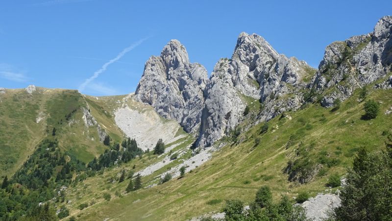Aiguilles rocheuses au-dessus des alpages