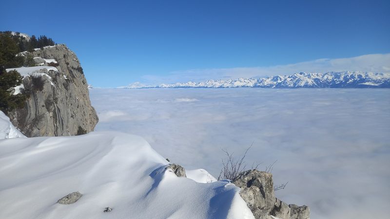 Falaise et mer de nuages face aux Alpes