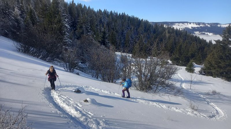 Montée en lacets dans une pente enneigée