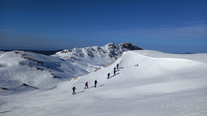 File de raquettistes montant sur une crête enneigée