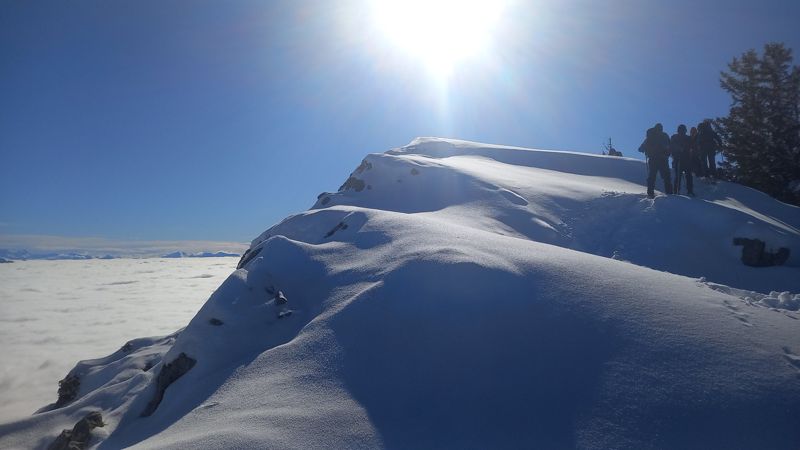 Raquettistes au soleil sur la crête, au-dessus des nuages
